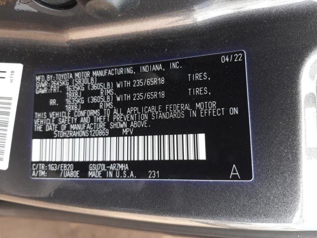 5TDHZRAH0NS120869 - 2022 TOYOTA HIGHLANDER XLE CHARCOAL photo 13