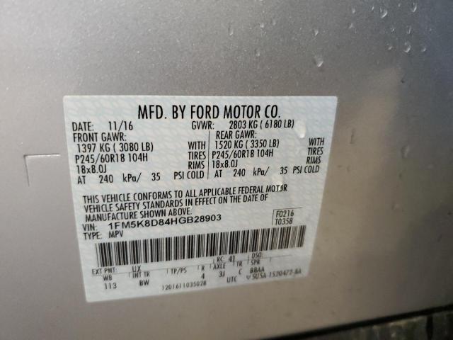 1FM5K8D84HGB28903 - 2017 FORD EXPLORER XLT SILVER photo 13