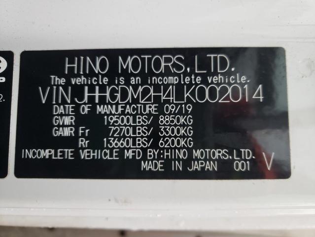 JHHGDM2H4LK002014 - 2020 HINO 195 WHITE photo 10