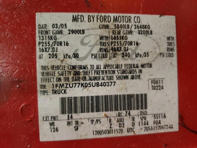 1FMZU77K05UB40377 - 2005 FORD EXPLORERXL RED photo 12