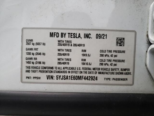 5YJSA1E60MF442924 - 2021 TESLA MODEL S WHITE photo 13