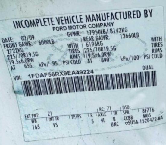 1FDAF56RX9EA49224 - 2009 FORD F550 SUPER DUTY WHITE photo 10