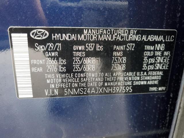 5NMS24AJXNH397595 - 2022 HYUNDAI SANTA FE SEL Կապույտ լուսանկար 13