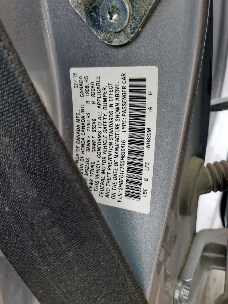 2HGFC1F75GH636416 - 2016 HONDA CIVIC EXL SILVER photo 12