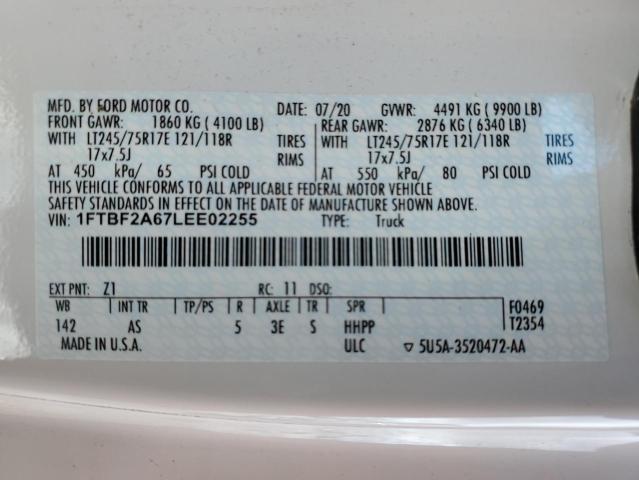 1FTBF2A67LEE02255 - 2020 FORD F250 SUPER DUTY WHITE photo 12