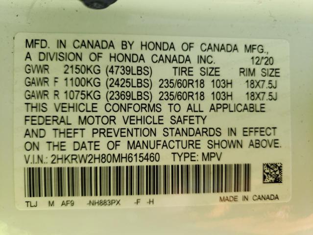 2HKRW2H80MH615460 - 2021 HONDA CR-V EXL WHITE photo 14