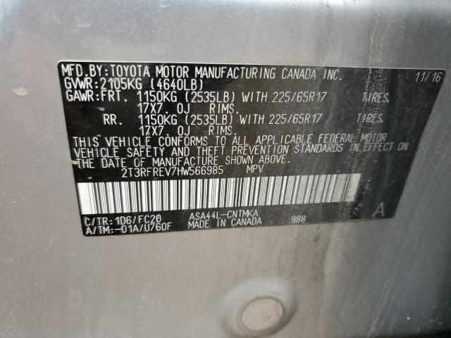 2T3RFREV7HW566985 - 2017 TOYOTA RAV4 XLE SILVER photo 12