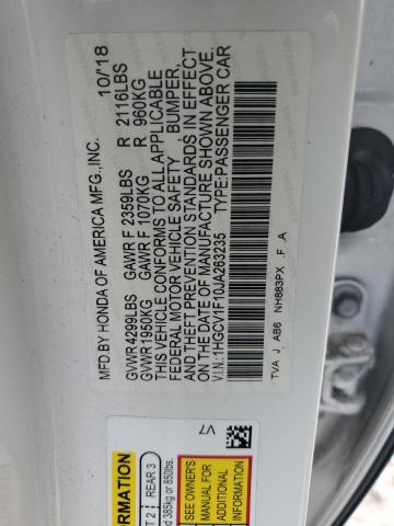 1HGCV1F10JA263235 - 2018 HONDA ACCORD LX WHITE photo 12