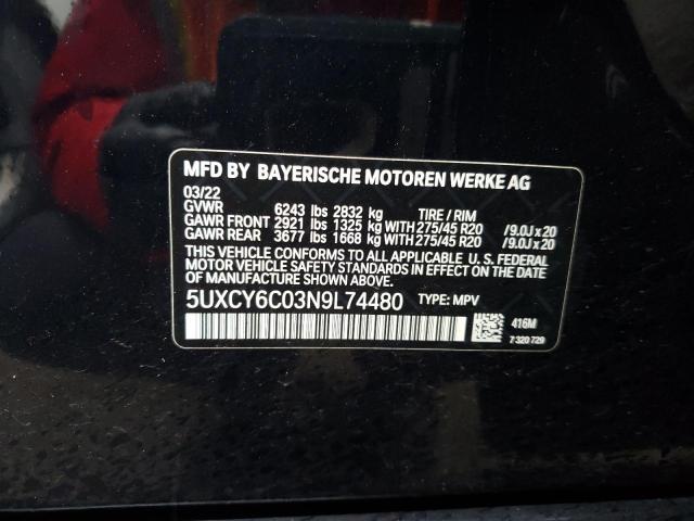 5UXCY6C03N9L74480 - 2022 BMW X6 XDRIVE40I BLACK photo 13