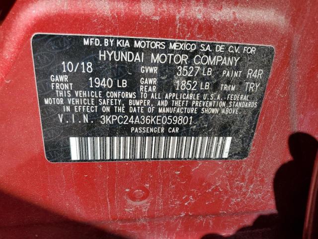 3KPC24A36KE059801 - 2019 HYUNDAI ACCENT SE RED photo 12