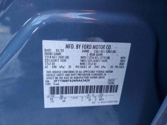 3FTTW8F92NRA63429 - 2022 FORD MAVERICK XL BLUE photo 12