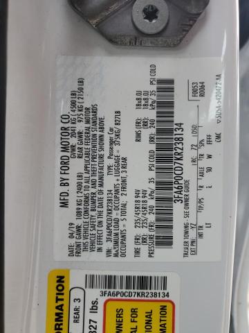 3FA6P0CD7KR238134 - 2019 FORD FUSION SEL WHITE photo 12