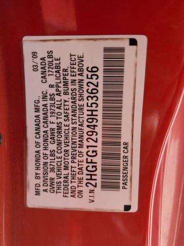 2HGFG12949H536256 - 2009 HONDA CIVIC EXL Qırmızı foto 12