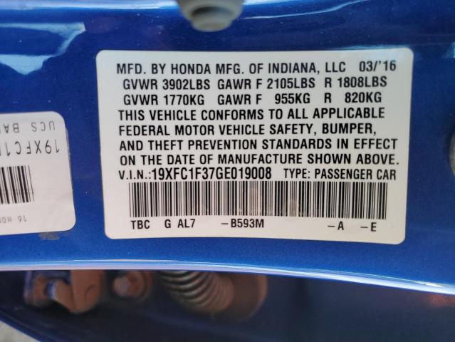 19XFC1F37GE019008 - 2016 HONDA CIVIC EX BLUE photo 12