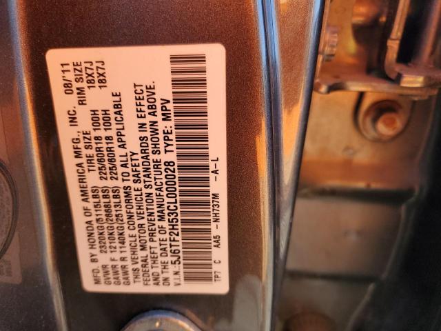 5J6TF2H53CL000028 - 2012 HONDA CROSSTOUR EXL ნაცრისფერი ფოტო 12