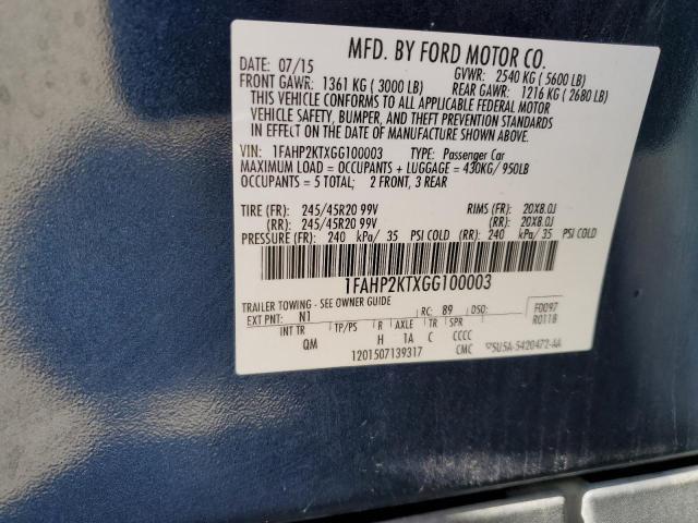 1FAHP2KTXGG100003 - 2016 FORD TAURUS SHO BLUE photo 12