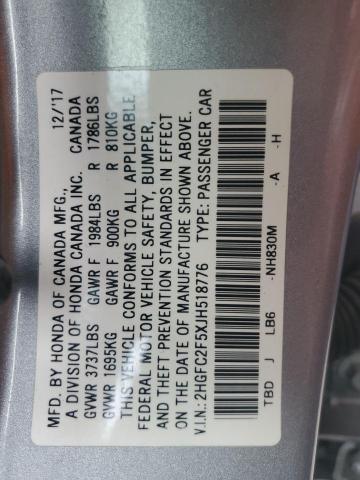 2HGFC2F5XJH518776 - 2018 HONDA CIVIC LX SILVER photo 12