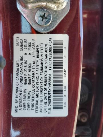 2HGFB2F5XDH558038 - 2013 HONDA CIVIC LX BURGUNDY photo 13