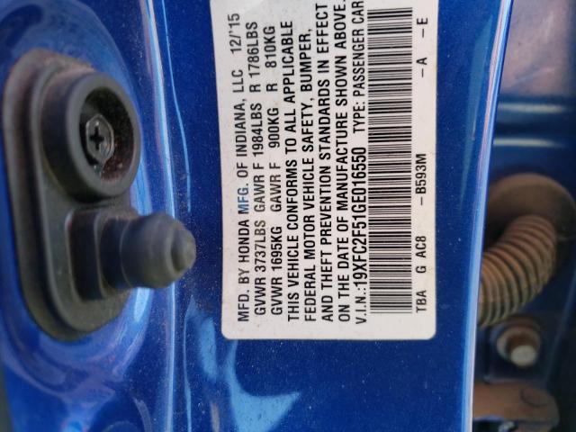 19XFC2F51GE016550 - 2016 HONDA CIVIC LX BLUE photo 12