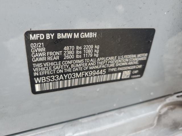 WBS33AY03MFK99445 - 2021 BMW M3 COMPETITION GRAY photo 12