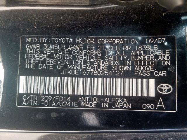 JTKDE167780254127 - 2008 TOYOTA SCION TC BLACK photo 10