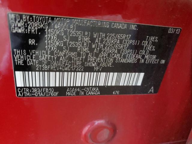 2T3BFREV4DW017322 - 2013 TOYOTA RAV4 LE RED photo 13