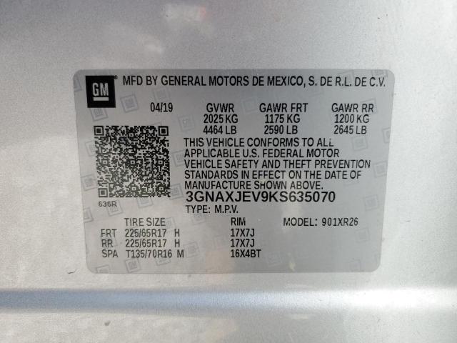 3GNAXJEV9KS635070 - 2019 CHEVROLET EQUINOX LT SILVER photo 13