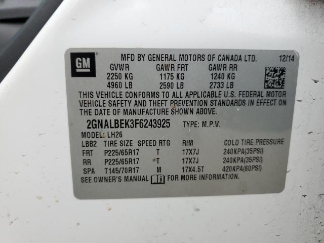 2GNALBEK3F6243925 - 2015 CHEVROLET EQUINOX LT WHITE photo 13