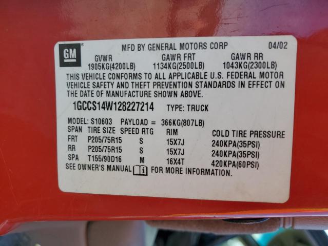 1GCCS14W128227214 - 2002 CHEVROLET S TRUCK S10 RED photo 13