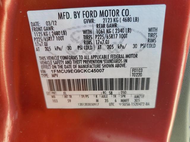 1FMCU9EG9CKC45007 - 2012 FORD ESCAPE LIMITED RED photo 12
