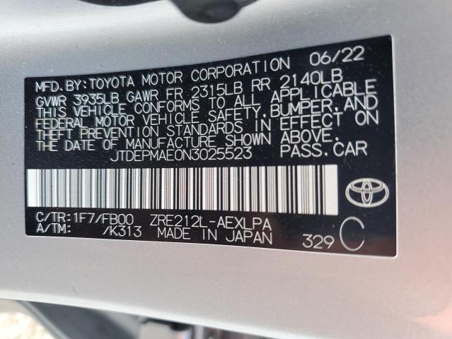 JTDEPMAE0N3025523 - 2022 TOYOTA COROLLA LE SILVER photo 12