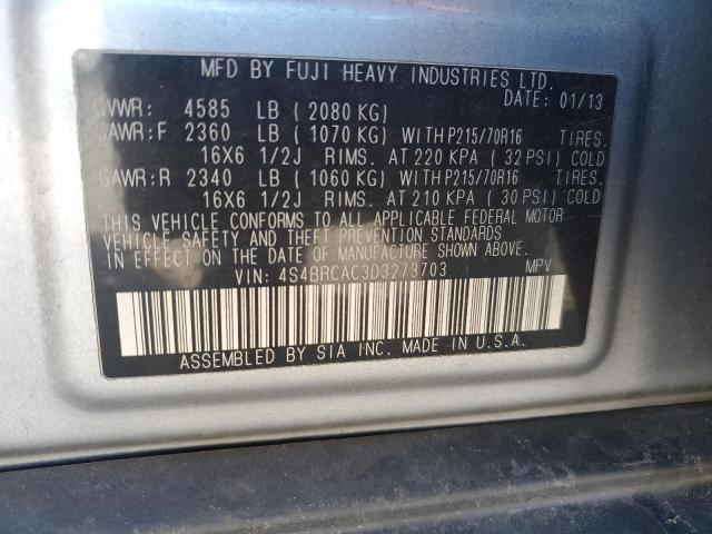 4S4BRCAC3D3273703 - 2013 SUBARU OUTBACK 2.5I SILVER photo 12