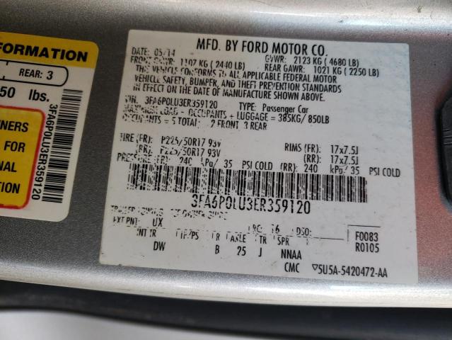 3FA6P0LU3ER359120 - 2014 FORD FUSION SE HYBRID SILVER photo 10