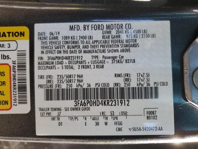 3FA6P0HD4KR231912 - 2019 FORD FUSION SE GRAY photo 13