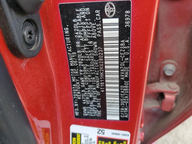 4T1B11HK2KU280237 - 2019 TOYOTA CAMRY L RED photo 13