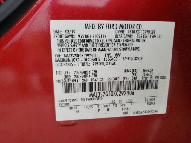 MAJ3S2GE0KC292406 - 2019 FORD ECOSPORT SE Rojo foto 14