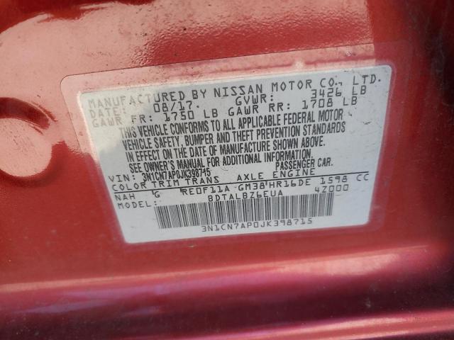 3N1CN7AP0JK398715 - 2018 NISSAN VERSA S RED photo 12