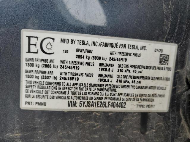 5YJSA1E26LF404402 - 2020 TESLA MODEL S 灰色 照片 12