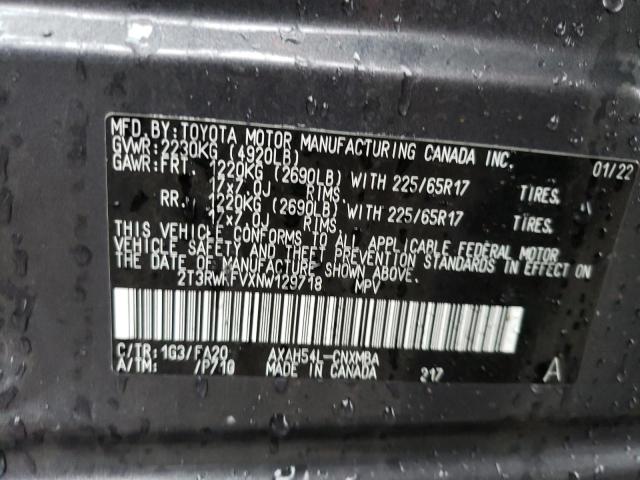 2T3RWRFVXNW129718 - 2022 TOYOTA RAV4 XLE GRAY photo 12