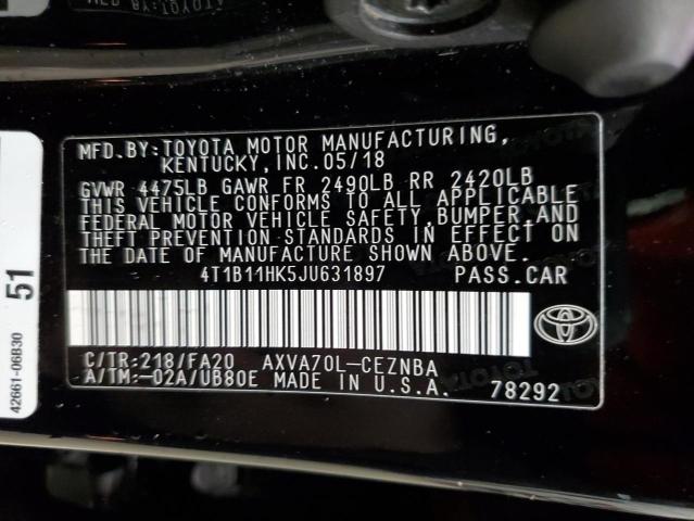 4T1B11HK5JU631897 - 2018 TOYOTA CAMRY L BLACK photo 12