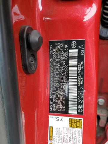 JTDKB20U187763603 - 2008 TOYOTA PRIUS RED photo 12