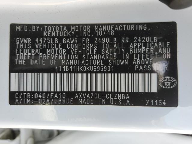 4T1B11HK0KU695931 - 2019 TOYOTA CAMRY L WHITE photo 12