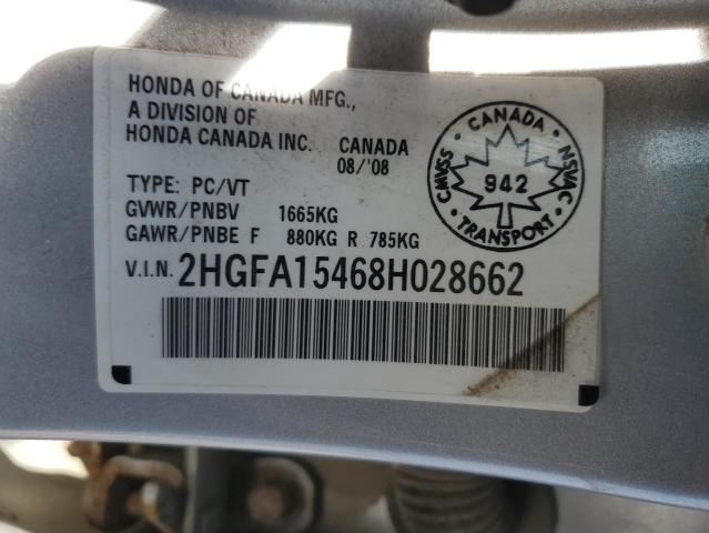 2HGFA15468H028662 - 2008 HONDA CIVIC DX-G SILVER photo 12