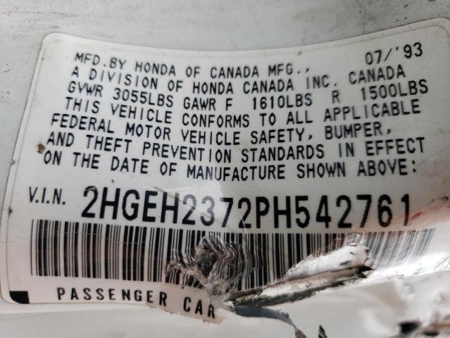 2HGEH2372PH542761 - 1993 HONDA CIVIC VX WHITE photo 12