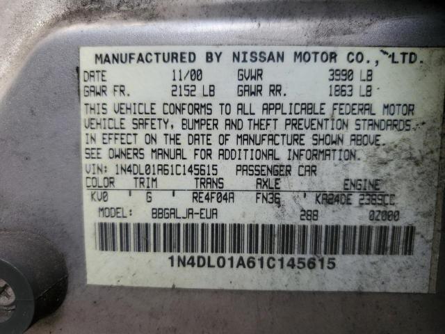 1N4DL01A61C145615 - 2001 NISSAN ALTIMA GXE GRAY photo 12