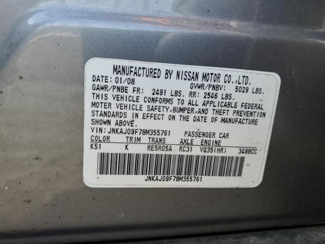 JNKAJ09F78M355761 - 2008 INFINITI EX35 BASE Մոխրագույն լուսանկար 12