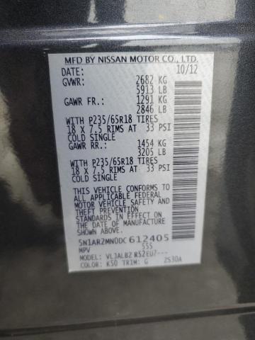 5N1AR2MN0DC612405 - 2013 NISSAN PATHFINDER S CHARCOAL photo 12