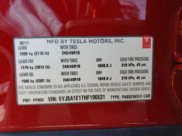 5YJSA1E17HF196531 - 2017 TESLA MODEL S წითელი ფოტო 13