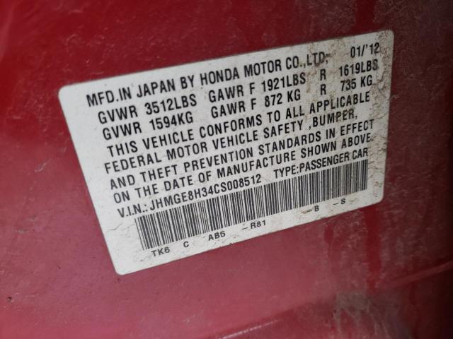 JHMGE8H34CS008512 - 2012 HONDA FIT RED photo 12