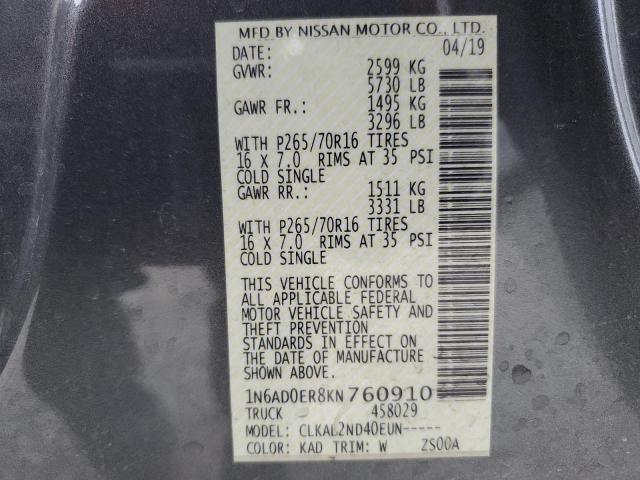 1N6AD0ER8KN760910 - 2019 NISSAN FRONTIER S GRAY photo 12